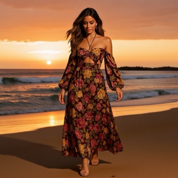 En Crème Floral Maxi Dress Boho Cutout Halter Long Sleeve Burgundy Yellow NWT M - Picture 2 of 12